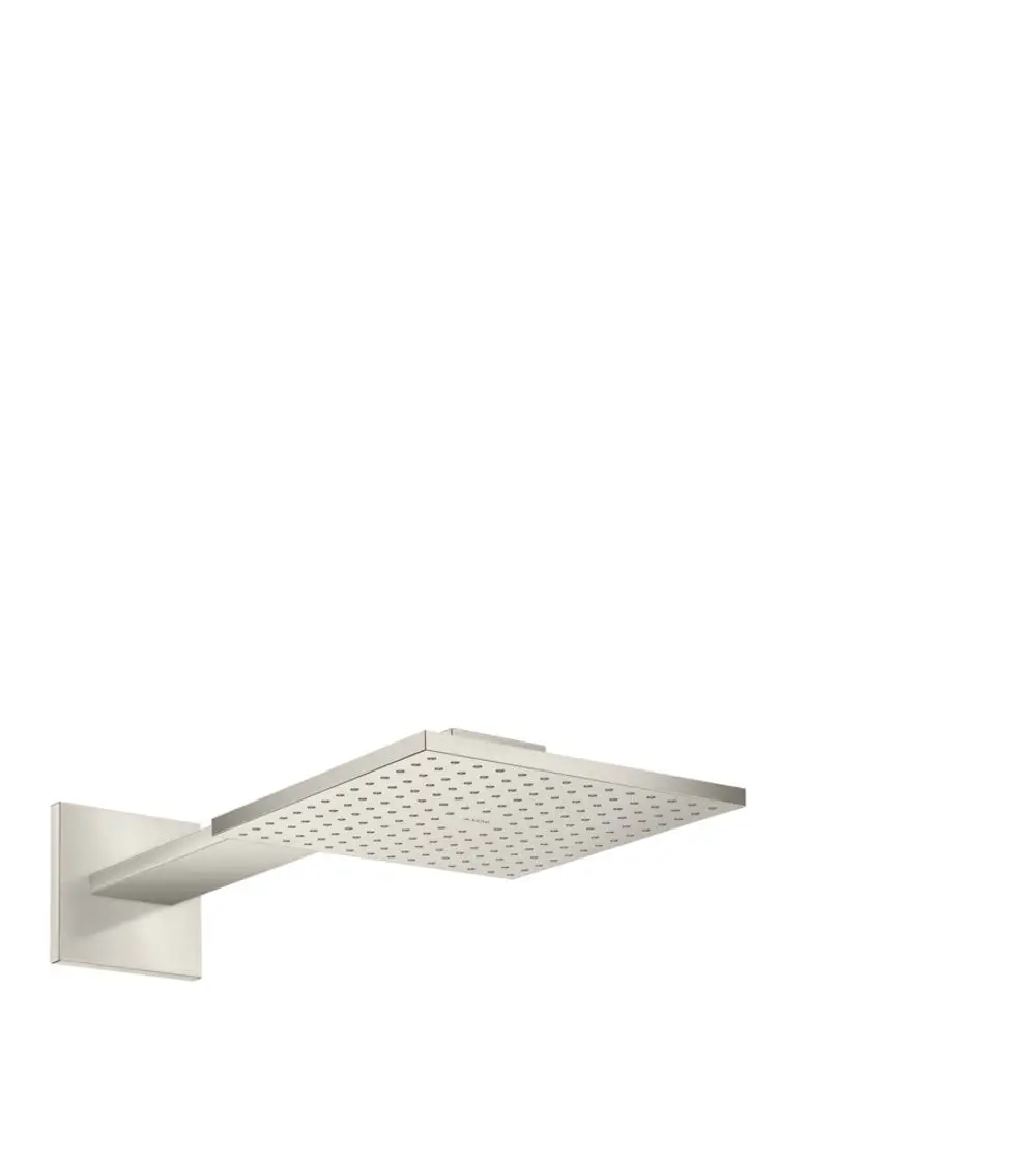 Duschkopf mit quadratischer Kopfbrause und geradem Brausearm aus Edelstahl-Optik, angebracht an einer Wand, von AXOR.